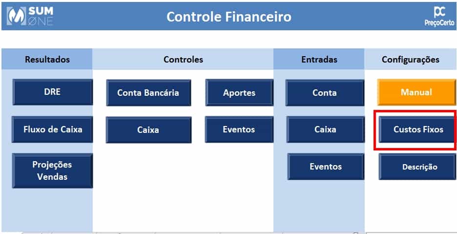 configuração da planilha de controle financeiro